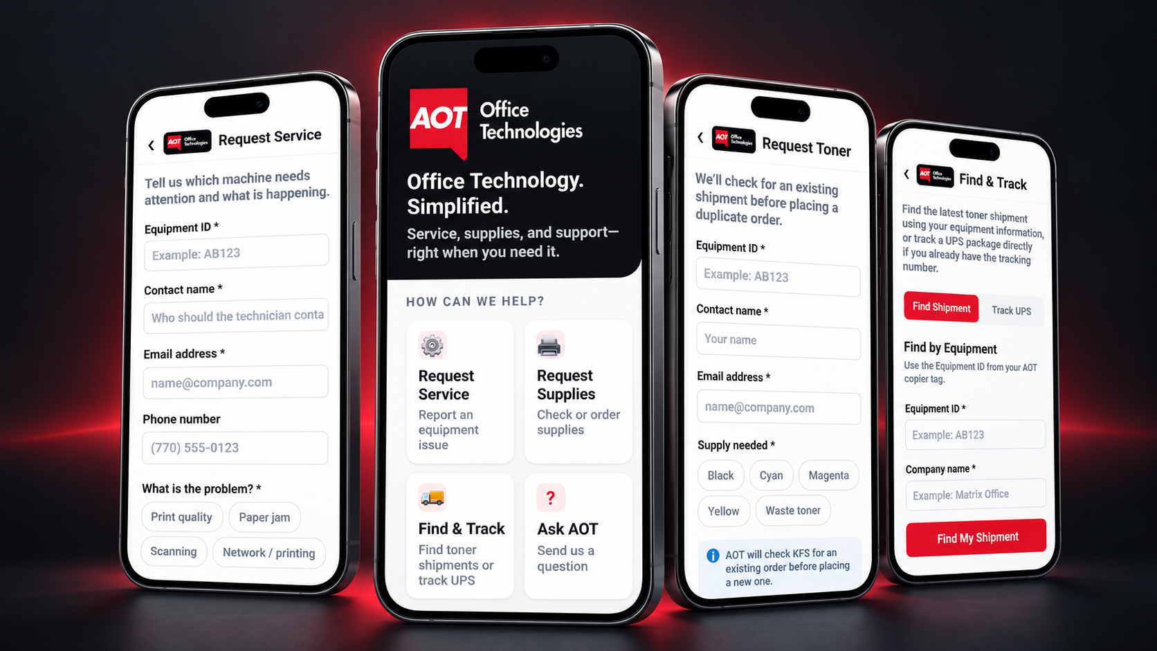 AOT app screens showing home, service request, toner request, and shipment tracking